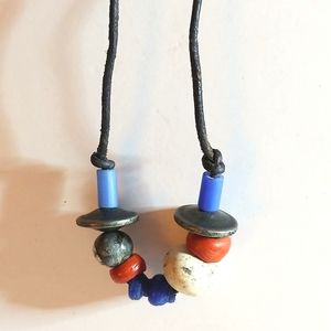 Vintage Bead Necklace Handmade Jewelry Lampwork Beads Red White Blue